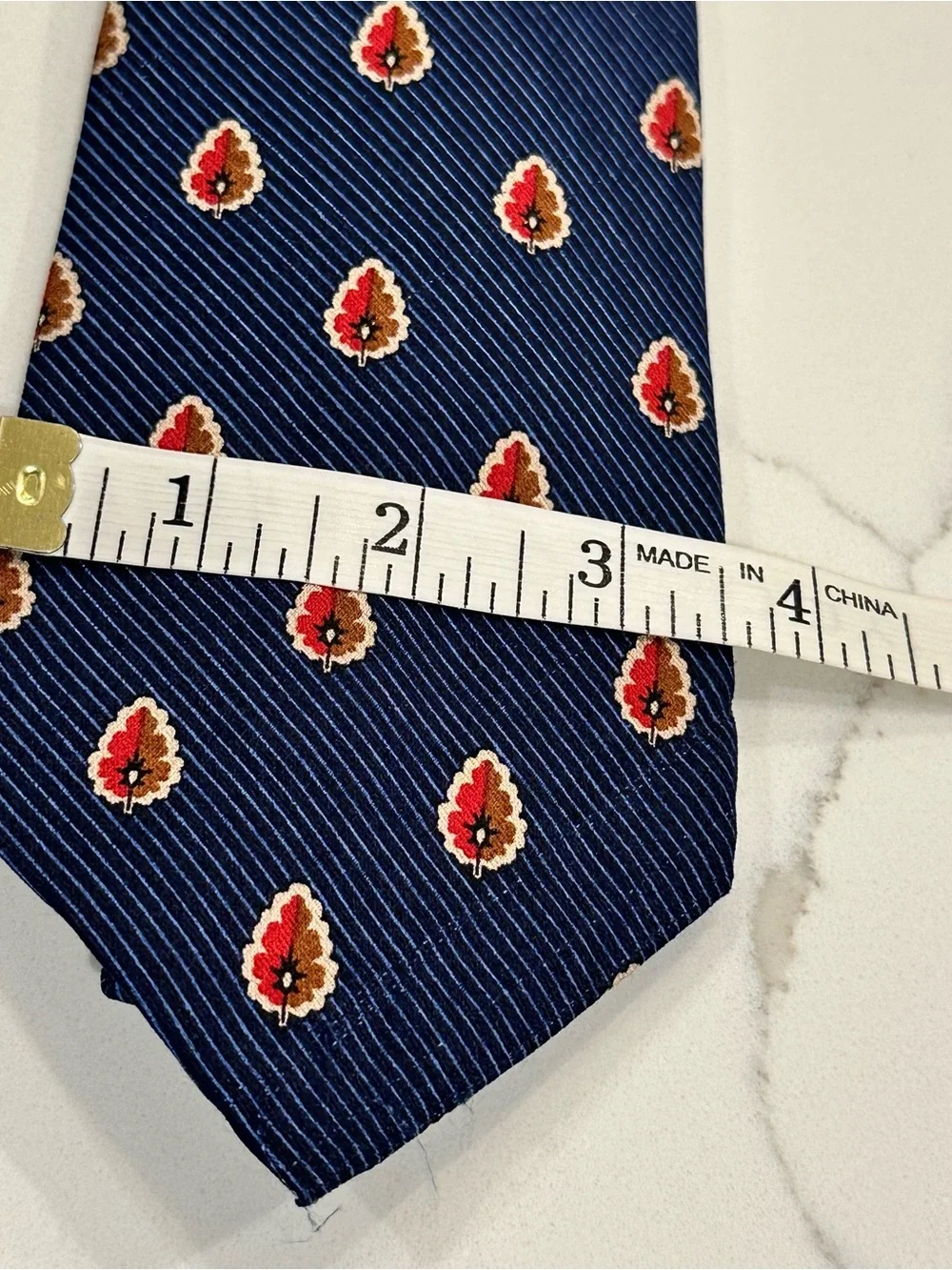 Vintage Coach Silk Neck Tie Navy Blue Red Tan Leaf Geometric Pattern Designer